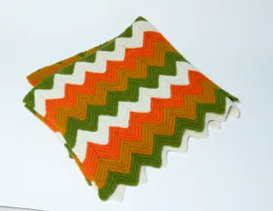Vintage Afghan Blanket Cream, Green, Gold, Orange Zig Zig Pattern