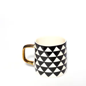 Coffee Mug Black and White Geometric Pattern with Gold Handle - 3.75