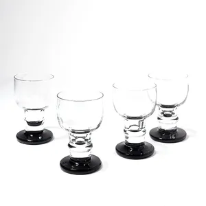 Hand Blown, Clear, Short, Thick Stemmed, Red Wine Glass with Black Base - 5