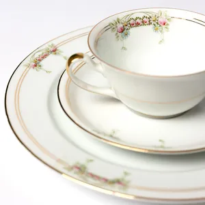  krautheim selb bavaria Fine China Set Simple Pink Flowers Gold Paint around the rim