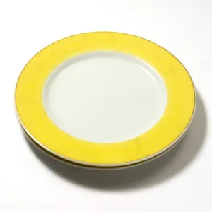 Small White Salad Plate with yellow rim, gold edge pair set - 7.5