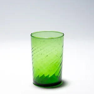 Handblown Bubble Glass, Jewel Tone Green Stemmed Juice Glass Swirrel, Spiral Pattern
