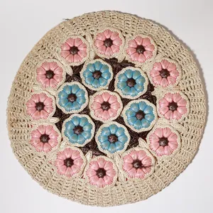 Vintage Bohemian Woven Raffia Floral Round pillow cover, table runner