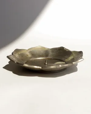 Vintage Silver Flower Shaped Spike Votive Candle Holder with Decorative Pressed Detail on the Bottom