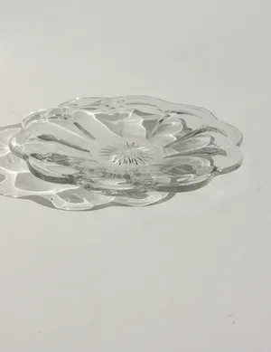 Clear Glass Dessert Plate with Scallopped Edge and Star Burst Cut Glass Center