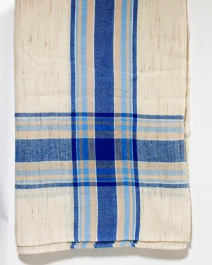 Vintage Blue Plaid Woven Linen Textile Farmhouse Tablecloth