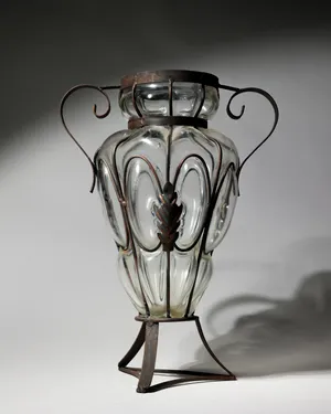 Art Nouveau Wrought Iron Bubble Glass Vase Ornate Antique