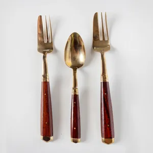Gold Flatware Wood Handle 2 Pastry Forks, 1 Spoon - 6