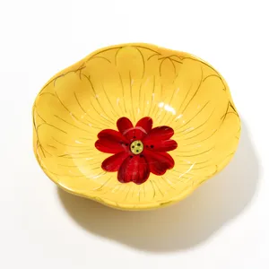 Round Yellow Plastic Bowl with a Red Flower at the Bottom Melamine - 7