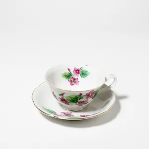 Tea Cup and saucer dark pink flowers