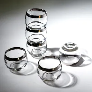 Set x 6 Small Globe Stemless Wine Glasses Mercury Glass Rim - 2.5