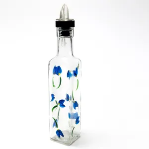 Blue Flowers Hand Painted Cruet 16 oz. Square, Oil Pourer