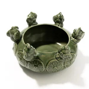 Green Ceramic Planter Bowl Asian Inspired, Elephants - 7.5