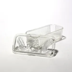 Vintage Federal Glass Ribbed Refrigerator Covered Dish Rectangular, Deep, Clear with pressed corn, tomato, asparagus, squash on the top