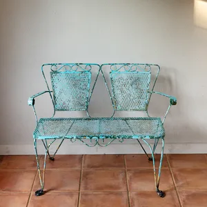 Shabby Sheik Vintage Green Distressed Wrought Iron Garden Bench, Love Seat 
