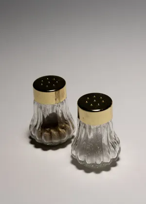 Dainty Ornate Small Clear Salt a Pepper shaker with gold screw top