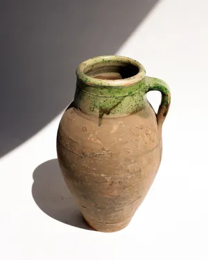 Vintage Turkish Terracotta Oil Jar Green Reactive Glaze at the top - Medium