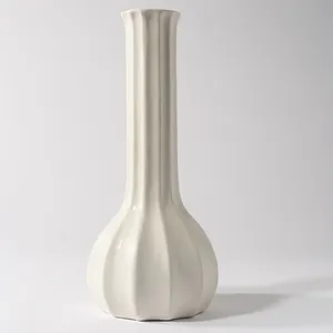 White Ceramic Fluted Long Neck Vase - 11.75
