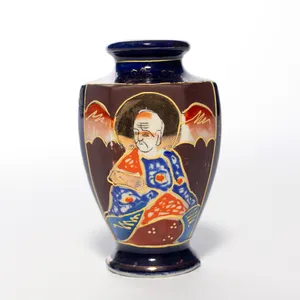 Hand Painted Japanese Oriental Vase Shiny Blue with painted Asian Characters - 3.5