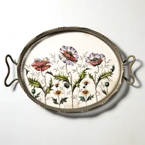 Tray Antique Metal Frame with Heart Shaped Handles with Hand Painted Abstract Purple Poppies Earthenware France