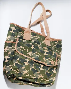 Woodland Camo Canvas Military Tote Leather Trim
