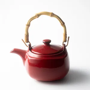 Red Ceramic Tea Kettle with lid and bamboo handle - 3.25