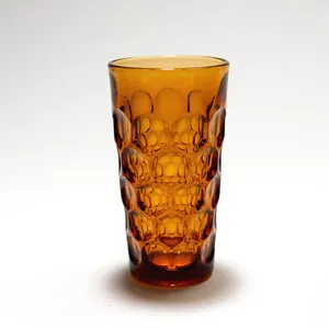 Gold thumbprint 70s drinking glasses tumblers Provincial Amber Imperial Glass - 5.75