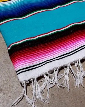 Colorful Mexican Serape Striped Woven Fringe Blanket Aqua, Blue, Orange and Pink