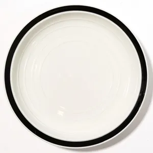 Set of 3 Cream Dinner Plates with a Blue Rim and 4 Bands Radiating From the Center - 10.5