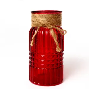 Red texture flower vase with Twine wrapped around the top - 6.25