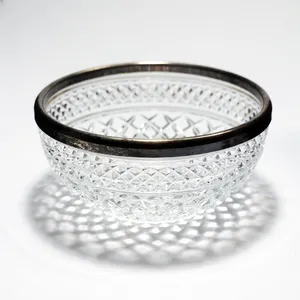 Vintage Hand Blown Etched / pressed Glass Serving Bowl with Silver Plate Rim