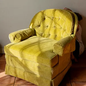 Hollywood Regency Green Yellow Crushed Velvet Mid Century Swivel Barrel Rocking Side Chair
