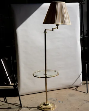 1980s Brass Swing Arm Standing Lamp with Round Clear Glass Integrated Table