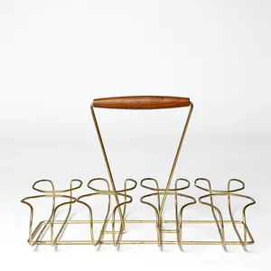Barware: Mid Century Modern MCM Gold Wire Bar Caddy with Wood Handle, Hold 8 Glasses - 13