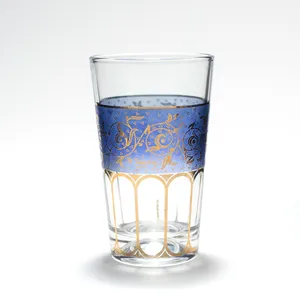Clear Glass Juice Tumblers with blue and gold details - 4.75