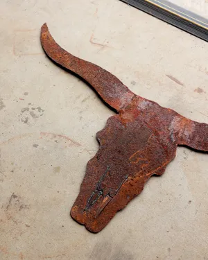 Iron Longhorn Steer, Metal Wall Art - Flat Mounted Southwest Sonoran Desert Arizona Yard Decor Rustic Ranch Texas Bull