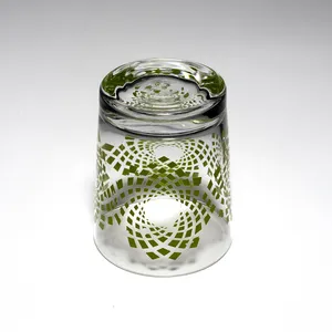 Juice Glass Clear with Olive Green Geometric Circle Design Single - 3.75: x 3