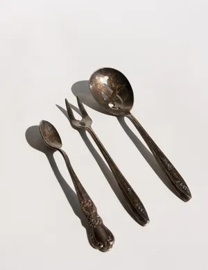 Vintage Silverplate Hors D'oeuvres Servers, 2 spoons and a fork. Tarnished, Patina