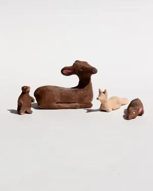Handmade Clay Animal Figurines, Woodland Creatures a Deer, a Fawn, a Fox and a Badger. Shadowbox Miniature Animal