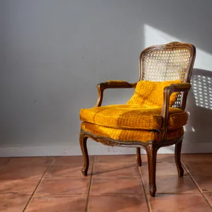 Furniture Chair: Vintage Ratan Cane Wicker Chair with Gold Corduroy Cushion - 