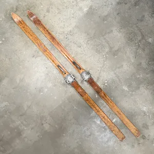 Vintage Wooden Alpine Skis Leather Binding Rustic Decor