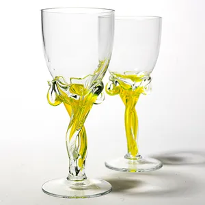 Vintage Jozefina Krosno Art Wine Glass Unique Interesting Organic Flouncy yellow Blown Glass Stem 