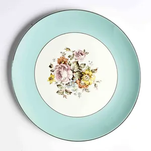 Fine China: Dinner Plate - Sketched Pink, Yellow and Green Flower Pattern in the Middle on Off White With a Wide Tiffany Blue Robins Eggs Blue Band Around the Outside - 10.25