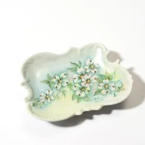 Antique Hand Painted Porcelain Blue Ceramic Floral Decorative Plate Trinket Dish with Flowers, soap dish, odd shape- 6