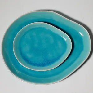 Turquoise Crackle Glaze Ceramic Oval Salad Plate Set