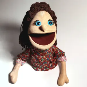 Vintage Floral Dress Female Hand Puppet Blue Eyes BrownYarn Hair, Florida Puppet
