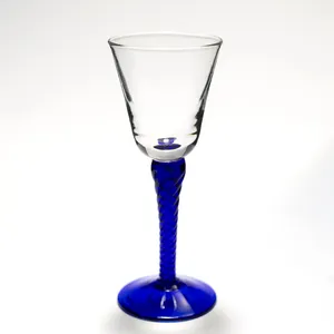 Vintage Clear and cobalt Blue cordial glasses bell shaped bowl - 5