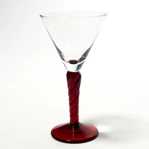 Vintage Clear and Red Stemmed Cordial Glasses Bell Shaped Bowl