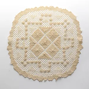 Vintage Handmade Lace Cream Ecru colored Square with Rounded Corners Doily looks vaguely patriotic with stars and outlines