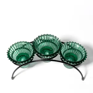 Holiday Green Tapered Glass Tealight and Candle Stick Holder set 3 and Wire Holder - 2